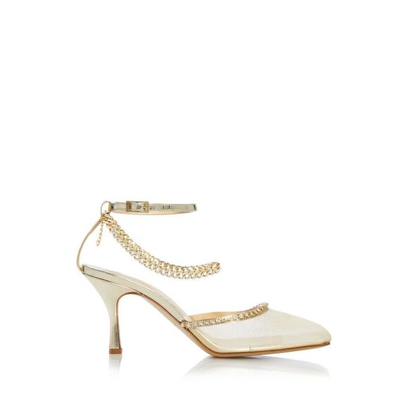 NALEBE Womens Gold Chain Crystal Metallic Stellar Square Toe Stiletto Pumps 38 - Picture 3 of 4